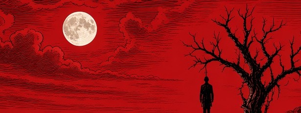 A hanged man beneath a dead tree under a full moon