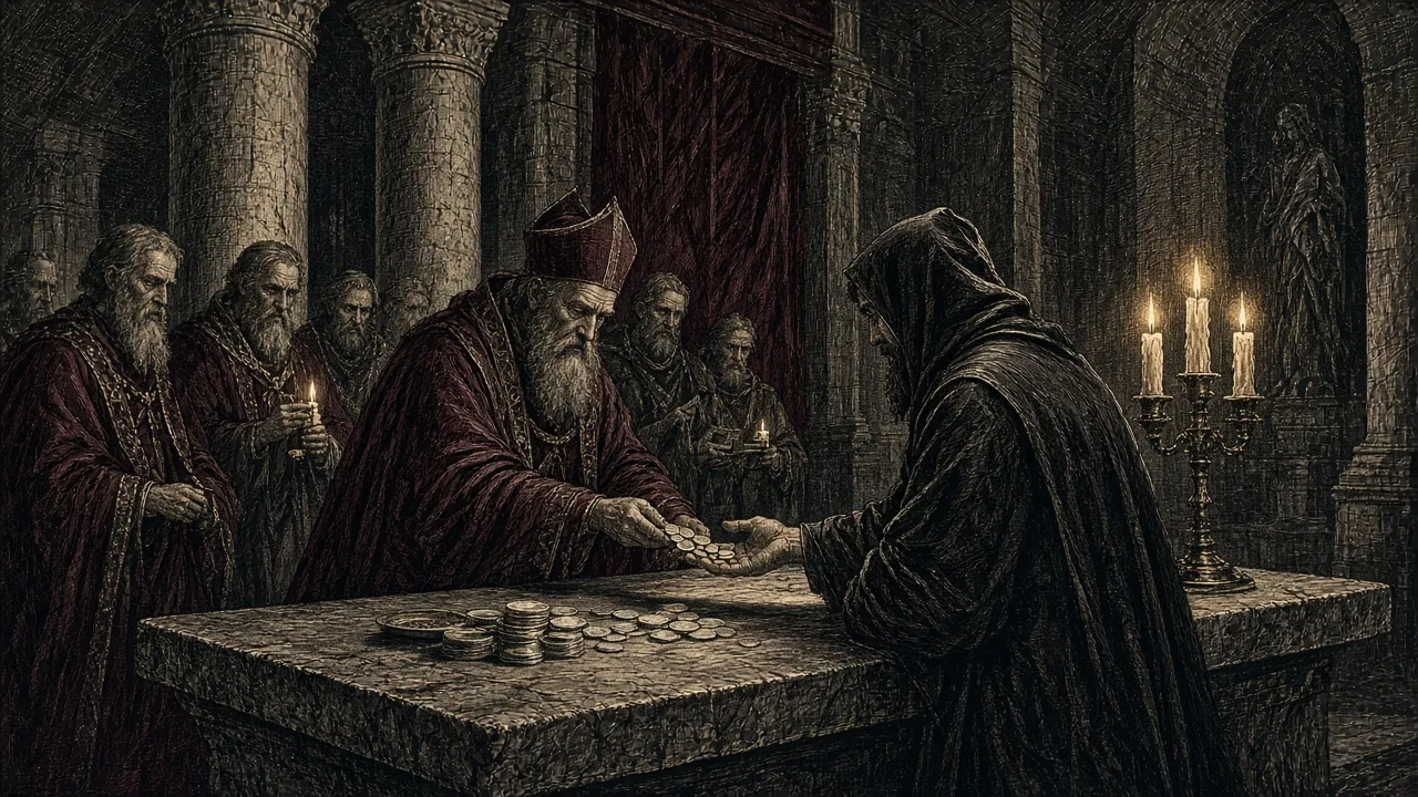 Priests count thirty pieces of silver onto a table