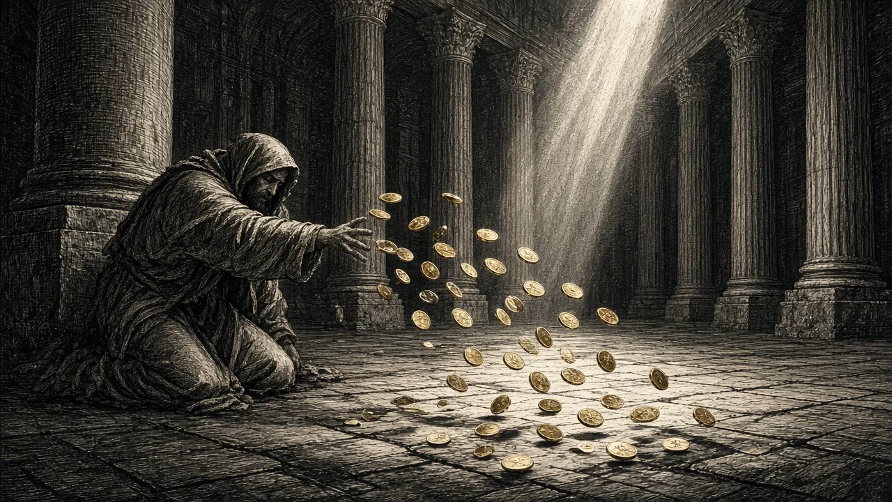 Judas flings silver coins across the temple floor