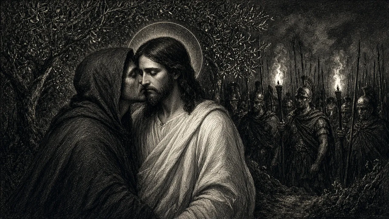 Judas kisses Christ in the garden of Gethsemane by torchlight