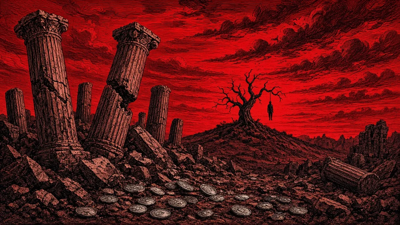 Under a red sky the pillars crumble beside a tree with a hanging figure