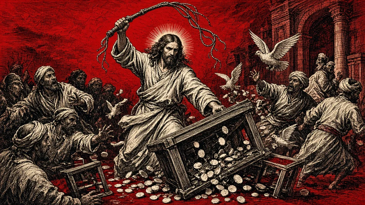 Christ with a whip of cords overturns the tables of the money changers