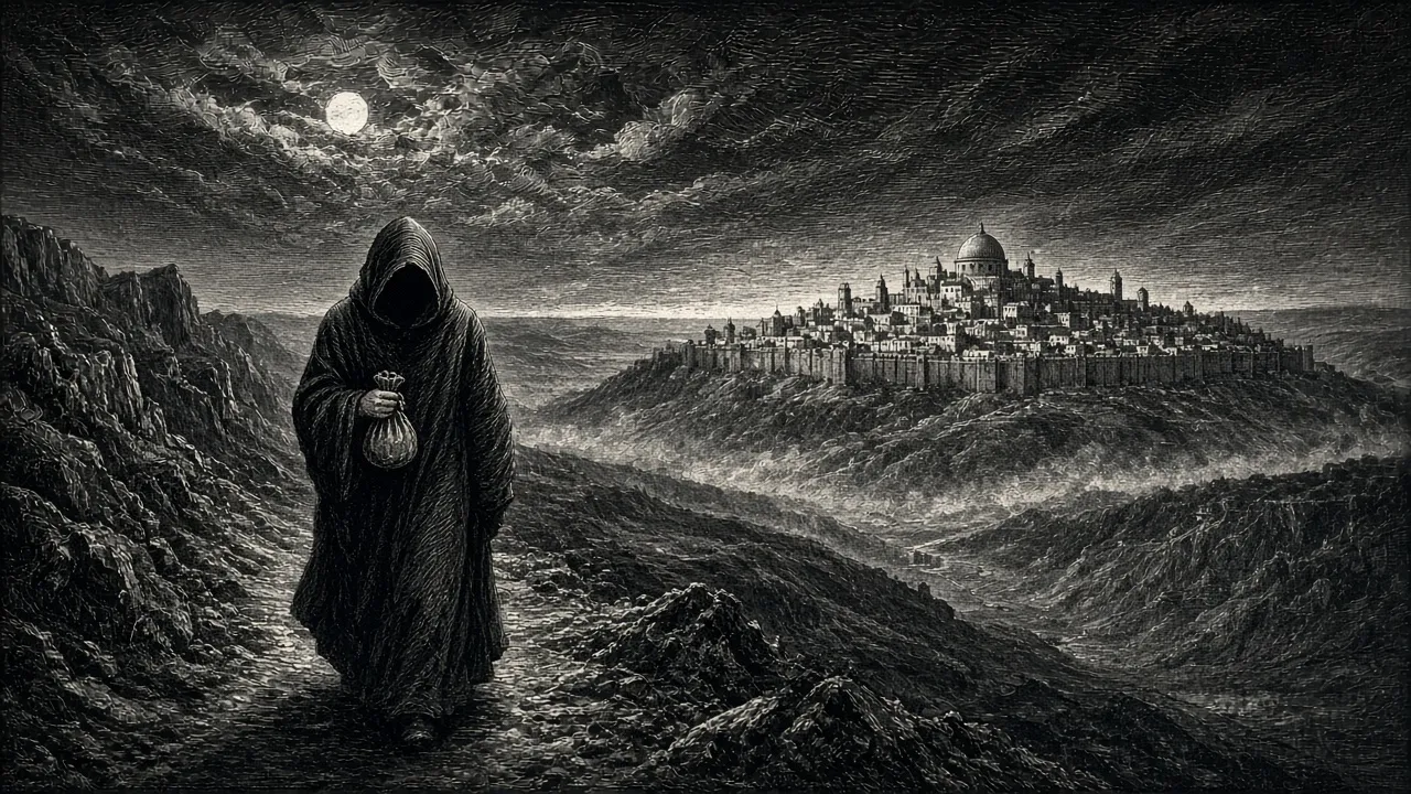 A hooded man with a purse at his belt walks toward Jerusalem through mist